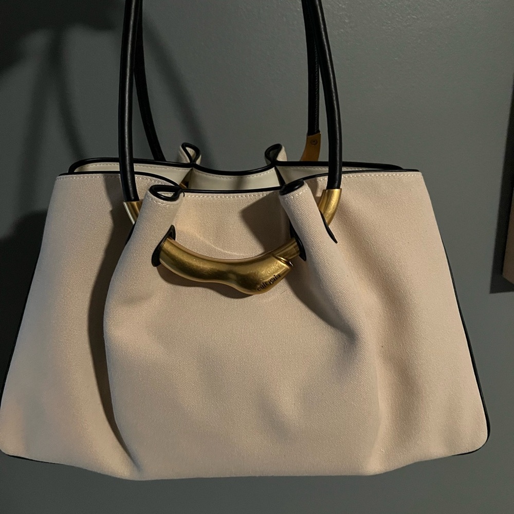 cult gaia Beige Shoulder Bag with Black Handles and Gold Accent - Picture 5 of 14